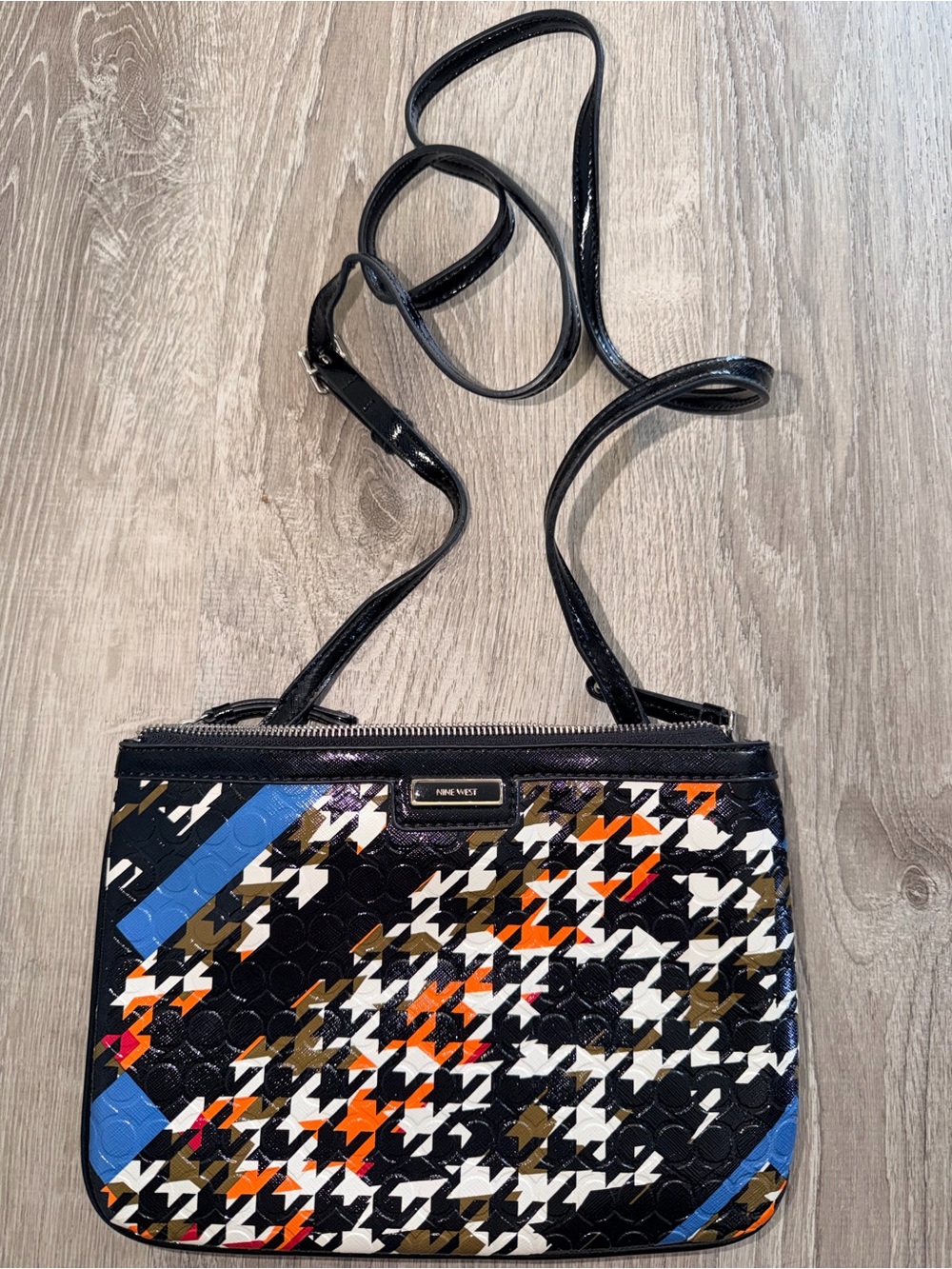 Nine West Black Houndstooth Crossbody with Orange, Blue & Brown Accents